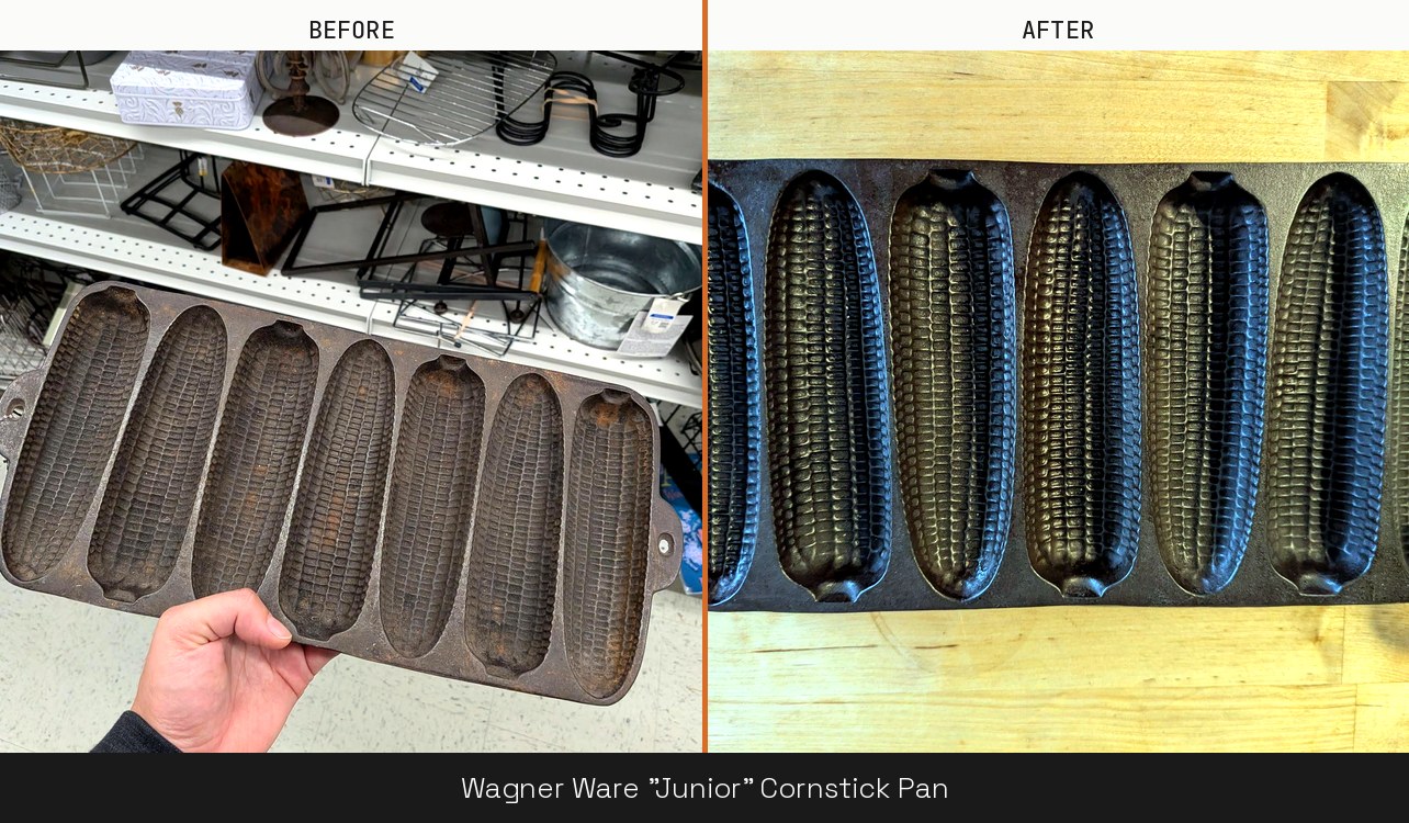 Wagner Ware Junior cornstick pan, before and after restoration