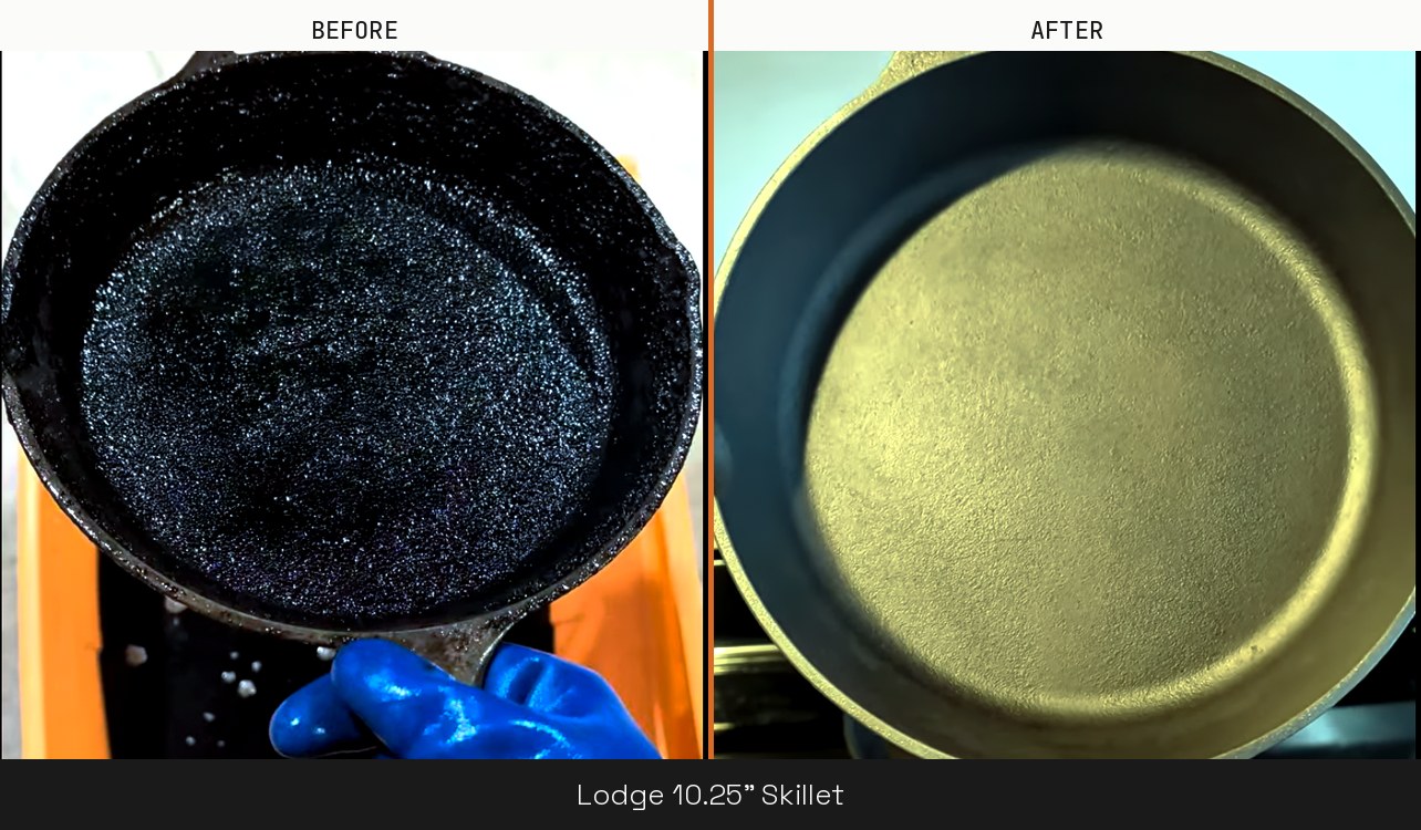 Lodge 10.25 inch skillet, before and after restoration